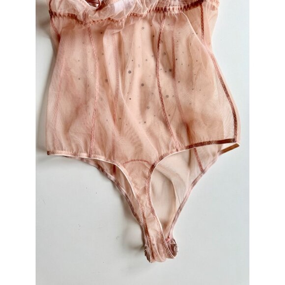 I.D. SARRIERI Light Pink Mesh Swarovski Rhinestone Thong Bodysuit, Size M - Picture 10 of 16
